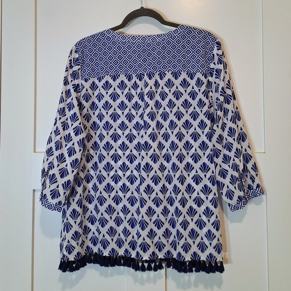 Talbots Cotton Blue & White Geometric Print V Neck Tunic Tasseled Hem Size XLP - Picture 8 of 10